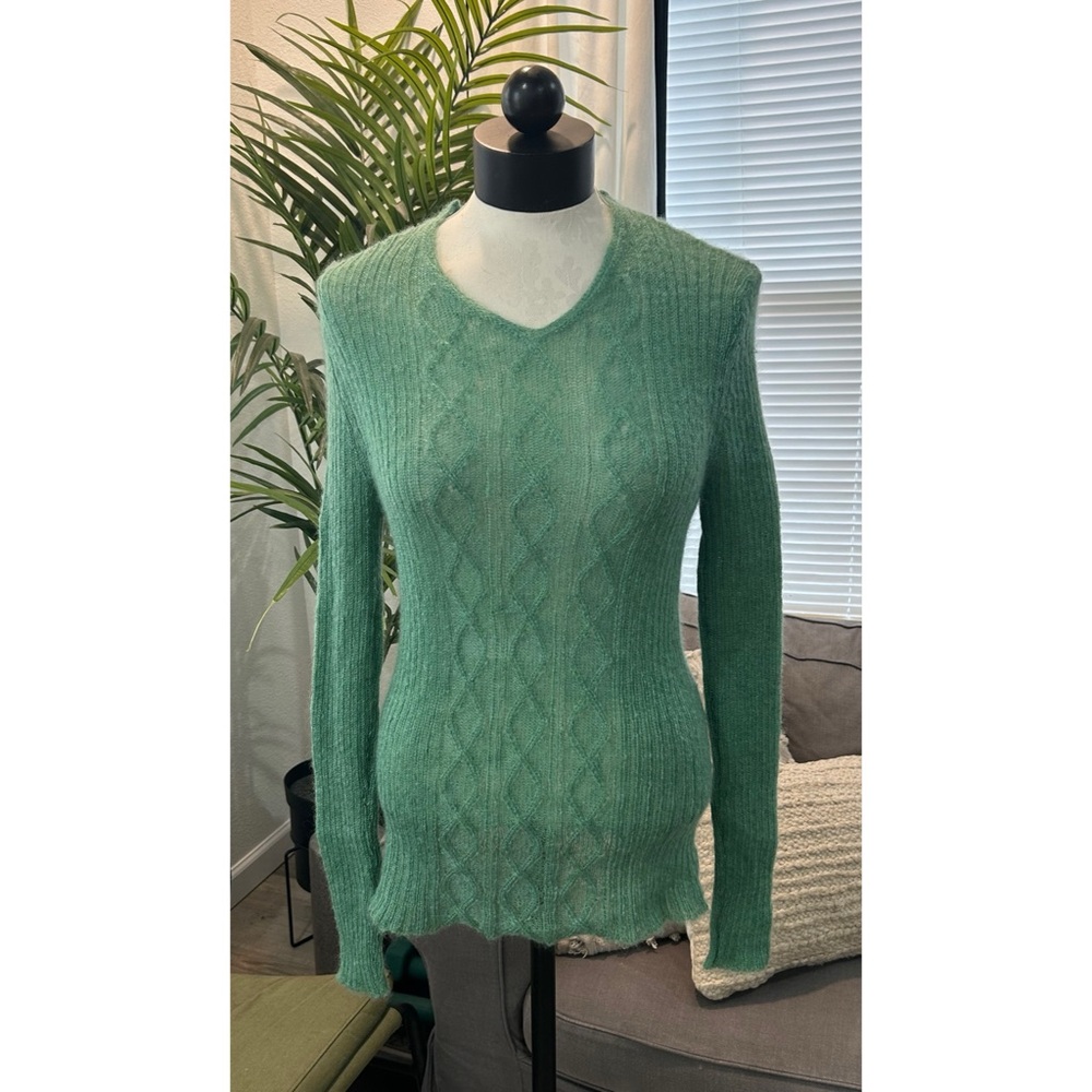 Uboya Women’s Aurora Long Sleeve Open Knit Mohair Wool Sweater Size Large Green